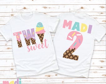 Two Sweet Ice Cream 2nd Birthday Shirt - Girls Personalized Second Birthday  Tee