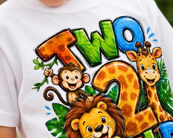 Personalized Two Wild Safari Birthday Shirt, Boys 2nd Birthday Jungle Animal Tee, Front and Back Name Number Shirt