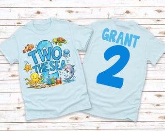 Boys Two The Sea Birthday Shirt – Personalized Age 2 Ocean Beach Theme Kids T-Shirt – Custom Name Front & Back Tee