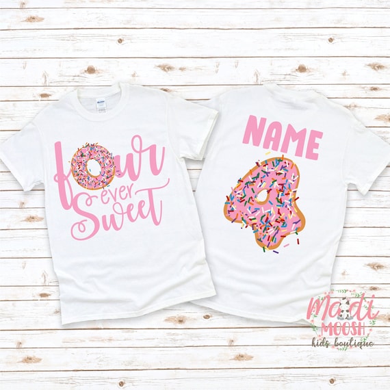 Girls Four Ever Sweet Donut 4th Birthday Shirt | Fourth Birthday Party Tee