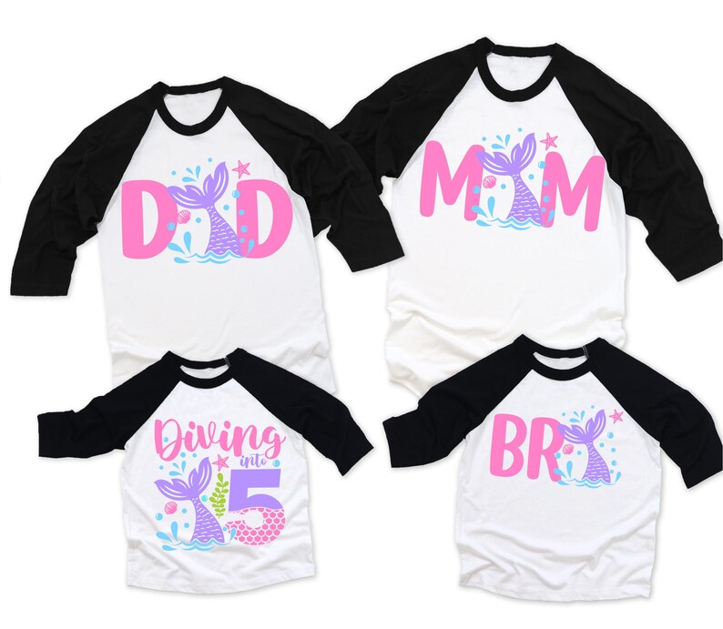 May include: Set of four white and black baseball shirts with pink and purple mermaid designs. The shirts say "Dad", "Mom", "Diving into 5", and "Bro".