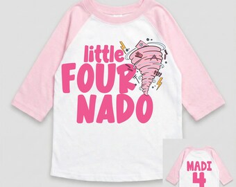Girls Little Four Nado 4th Tornado Birthday Shirt - Personalized Fourth Fournado Bday Pink Sleeve Tee