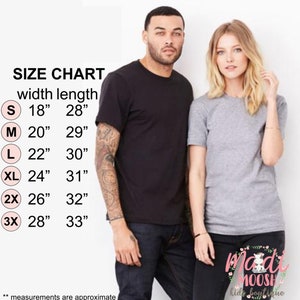 May include: Size chart for t-shirts with measurements in inches. The chart shows the width and length of the shirts in sizes S, M, L, XL, 2X, and 3X. The chart is displayed on a white background with a black border.