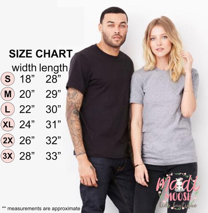 May include: Size chart for t-shirts with measurements in inches. The chart shows the width and length of the shirts in sizes S, M, L, XL, 2X, and 3X. The chart is displayed on a white background with a black border.