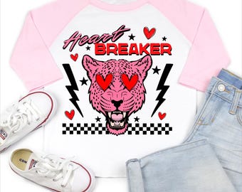 Heart Breaker Tiger Valentine Shirt - Retro Girls Valentine's Day Heart Tee - Valentine Pink Sleeve T-Shirt