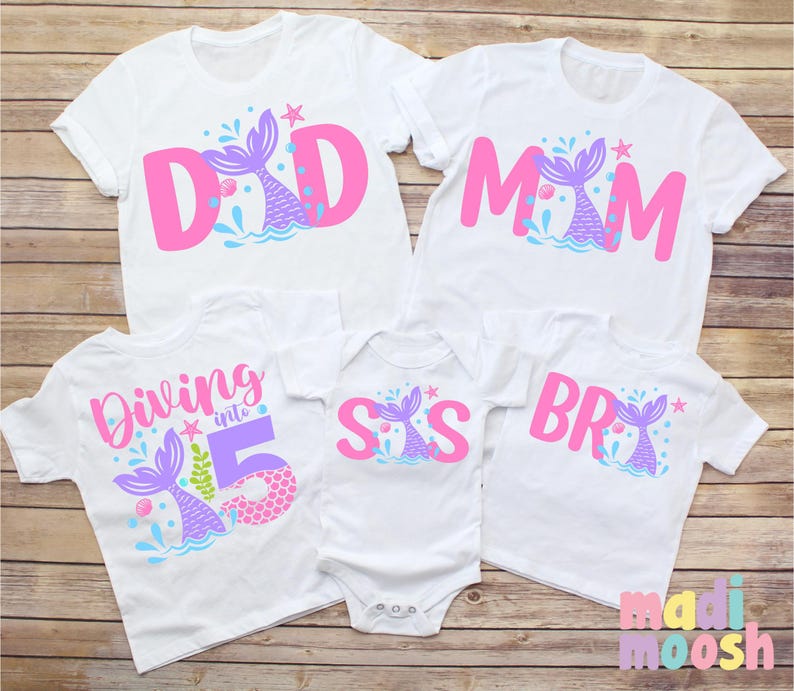 May include: Set of five white t-shirts with pink and purple mermaid tail designs. The shirts say "Dad", "Mom", "Sis", "Bro", and "Diving into 5".