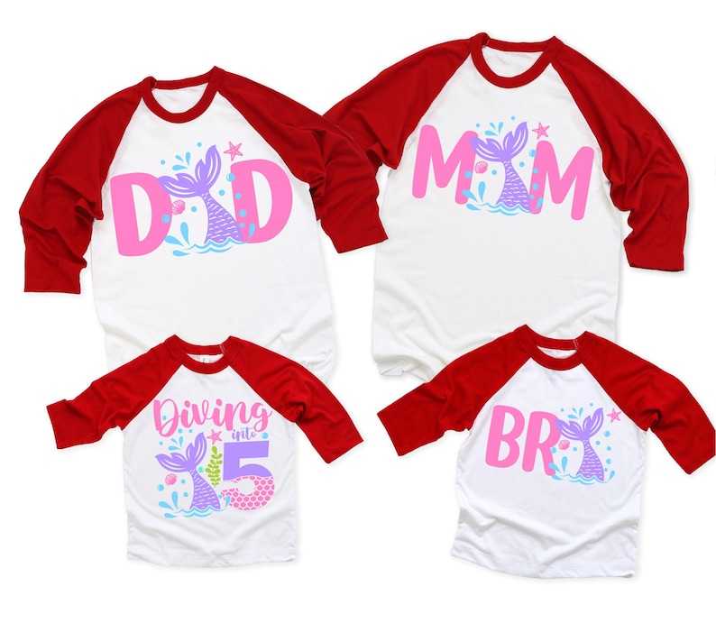 May include: Set of four red and white baseball shirts with a mermaid theme. The shirts say "Dad", "Mom", "Diving into 5", and "Bro".