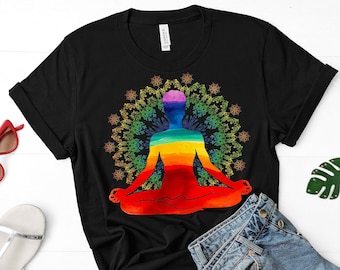 Camiseta 7 Chakras Ombre Flower of Life, Yoga Meditation Spiritual Healing Tee, Yoga Instructor Gift, Aligned Zen AF, Inhala Exhale Namaste