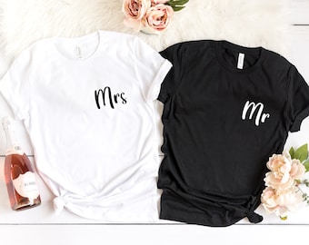 Regalo de compromiso de las camisas de la pareja del Sr. y la Sra. Pareja a juego, regalo de boda, camisas de luna de miel, camisetas de la novia y del novio, camiseta del marido de la esposa, precio por shirt