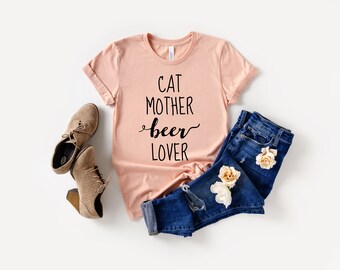 Koszulka damska z nadrukiem Cat Mother Beer Lover Funny Cat Mom Graphic Gift