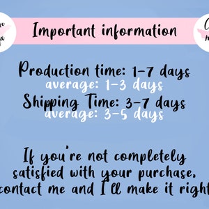 Puede incluir: Informaci&oacute;n importante sobre los tiempos de producci&oacute;n y env&iacute;o de un producto. El tiempo de producci&oacute;n es de 1 a 7 d&iacute;as, con un promedio de 1 a 3 d&iacute;as. El tiempo de env&iacute;o es de 3 a 7 d&iacute;as, con un promedio de 3 a 5 d&iacute;as. El texto tambi&eacute;n indica que si no est&aacute;s completamente satisfecho con tu compra, puedes ponerte en contacto con el vendedor y &eacute;l lo solucionar&aacute;.