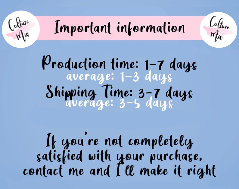 Puede incluir: Informaci&oacute;n importante sobre los tiempos de producci&oacute;n y env&iacute;o de un producto. El tiempo de producci&oacute;n es de 1 a 7 d&iacute;as, con un promedio de 1 a 3 d&iacute;as. El tiempo de env&iacute;o es de 3 a 7 d&iacute;as, con un promedio de 3 a 5 d&iacute;as. El texto tambi&eacute;n indica que si no est&aacute;s completamente satisfecho con tu compra, puedes ponerte en contacto con el vendedor y &eacute;l lo solucionar&aacute;.