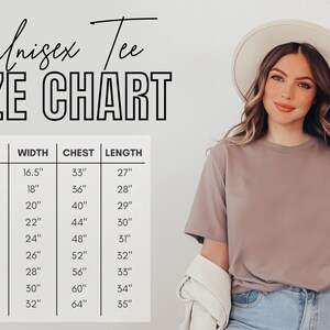 May include: Unisex tee size chart with measurements in inches for width, chest, and length. Sizes range from XS to 5XL.