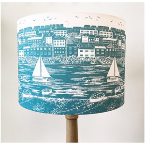 FLUSHING TO FALMOUTH Lampshade - Nautical Falmouth scene - teal blue & white - Table, Pendant, Standing - 100% Cotton fabric