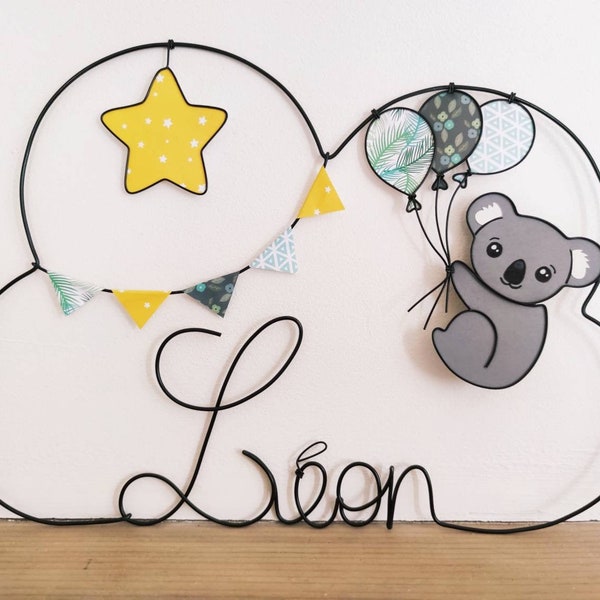 Name customizable wire cloud - Koala, balloons, garland of pennants & star - Decoration baby room child