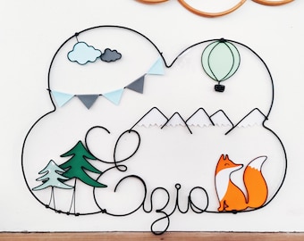 Customizable wire cloud name - Winter - Fox, fir trees, hot air balloon, mountains, clouds & bunting