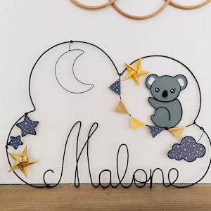Prénom nuage personnalisable en fil de fer Koala, lune, nuage, étoiles & étoiles en origami Décoration chambre bébé enfant image 1