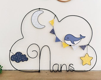Customizable wire cloud name - Whale - Pennant garland, star, moon & cloud