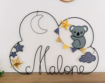 Customizable wire cloud name - Koala, moon, cloud, stars & origami stars - Baby child room decoration