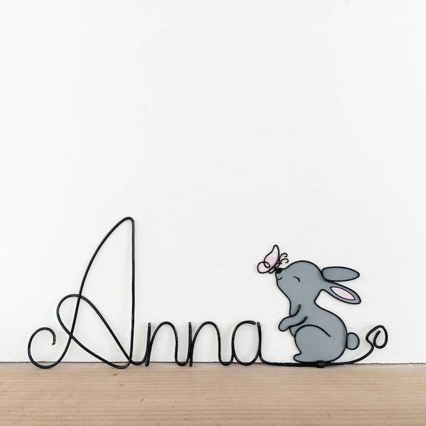 Prénom personnalisable en fil de fer - Pinpin le lapin & papillon - Décoration chambre bébé enfant