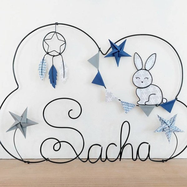 Prénom nuage personnalisable en fil de fer - Pompon le lapin - Lapin, attrape-rêve & étoiles en origami - Décoration chambre bébé enfant