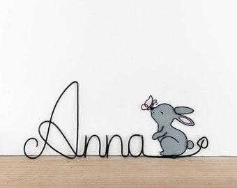 Customizable first name in wire - Pinpin the rabbit & butterfly - Baby child room decoration