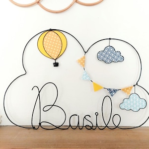 Nube de alambre personalizable con nombre - Guirnalda de globos aerostáticos, nubes y banderines - Decoración habitación infantil bebé