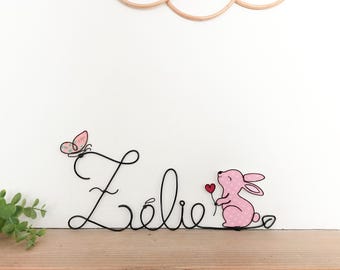 Customizable wire name - Pinpin the rabbit with heart & butterfly - Baby child room decoration
