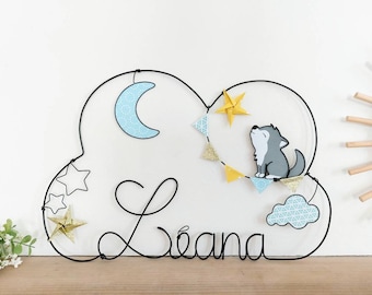 Prénom nuage personnalisable en fil de fer - Louveteau - Loup, lune, nuage, étoiles & étoiles en origami - Décoration chambre bébé enfant