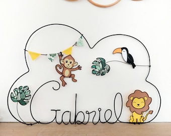 Customizable wire cloud first name - King of the jungle - Lion, toucan, monkey, pennant garland & monstera leaves