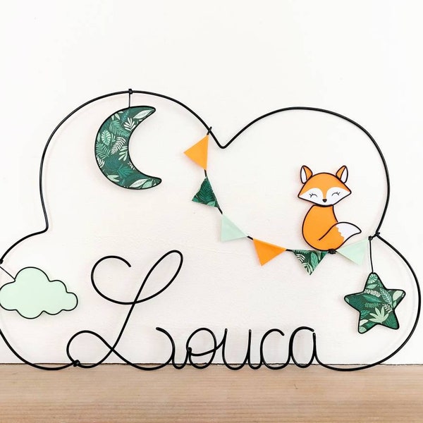 Prénom nuage personnalisable en fil de fer - Rox le Renard - Guirlande de fanions, étoile, lune & nuage