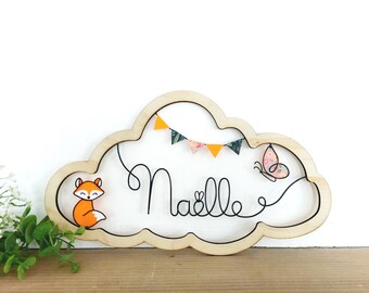 Customizable wooden cloud first name - Fox and butterfly