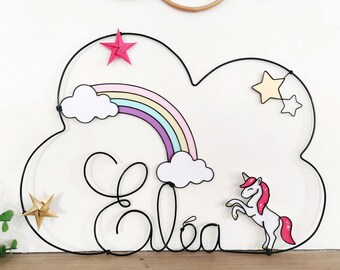 Customizable wire cloud name - Unicorn & rainbow - Baby child room decoration