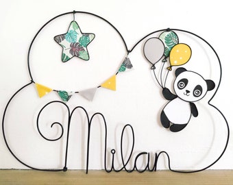 Prénom nuage personnalisable en fil de fer - Panda, ballons, guirlande de fanions & étoile - Décoration chambre bébé enfant