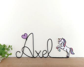 Personalized wire name - Multicolored unicorn and heart - Baby/child's room decoration
