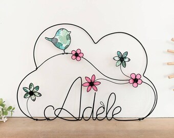 Customizable wire cloud name - Bird and flowers - Baby and child room decoration