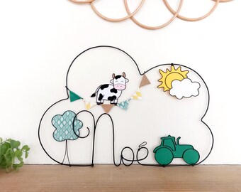 Personalized wire cloud name - Farm - Bunting with cow, tractor, tree, sun and cloud