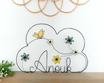Customizable wire cloud name - Butterfly and flowers - Baby and child room decoration