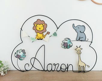 Customizable wire cloud name - Namibia - Giraffe, elephant, lion, pennant garland & monstera leaves