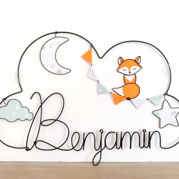 Nombre de nube de alambre personalizable - Foxy the Fox - Banderín guirnalda, estrella, luna y nube - Decoración de la habitación del bebé para niños