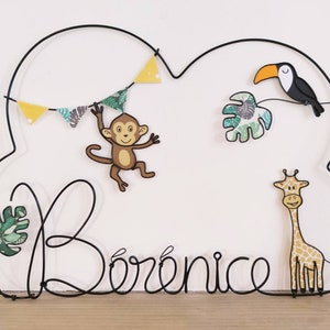 Customizable wire cloud first name - Jungle - Giraffe, toucan, monkey, pennant garland & monstera leaves