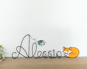 Customizable first name in wire - Lucky the sleeping fox & leaf - Baby child room decoration