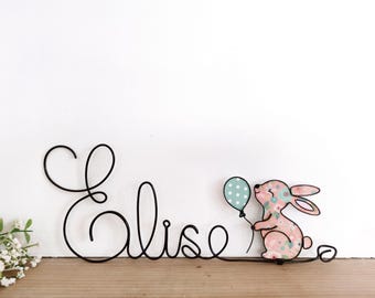 Personalized wire name - Pinpin the rabbit and his balloon - Baby/child's room decoration