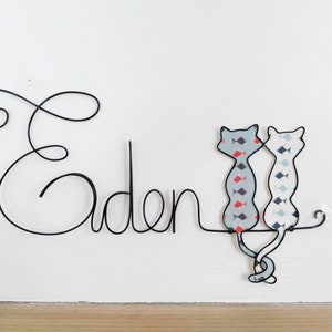 Customizable first name in wire - Cats in love - Baby child room decoration