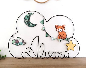 Customizable cloud first name in wire - Red panda - Garland of pennants, star, moon & cloud