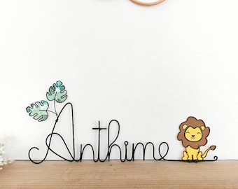 Customizable first name in wire - Mufasa the lion & leaves - Baby child room decoration