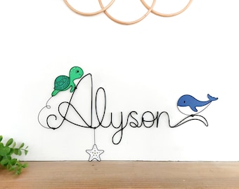 Customizable wire name - Whale, turtle and starfish - Baby child room decoration
