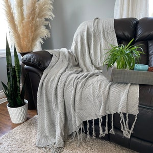 Gray Soft Knit Throw Blanket, 100% Cotton, Living Room Blankets, Cozy Decor, Light Weight Blanket, Throw Blanket for Bed, Cozy Blankets