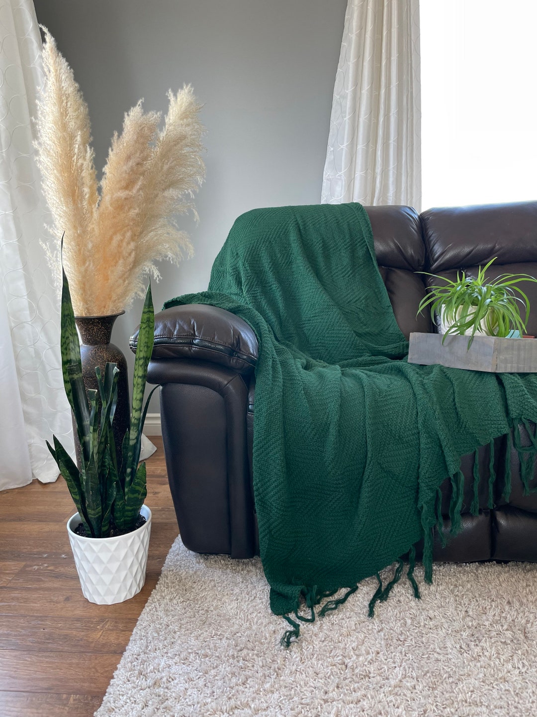 Forest Green Soft Knit Throw Blanket, 100% Cotton, Living Room Blankets ...