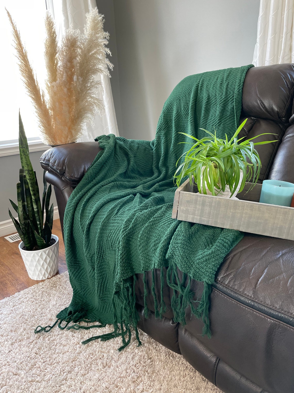Forest Green Soft Knit Throw Blanket 100 Cotton Living Room Etsy